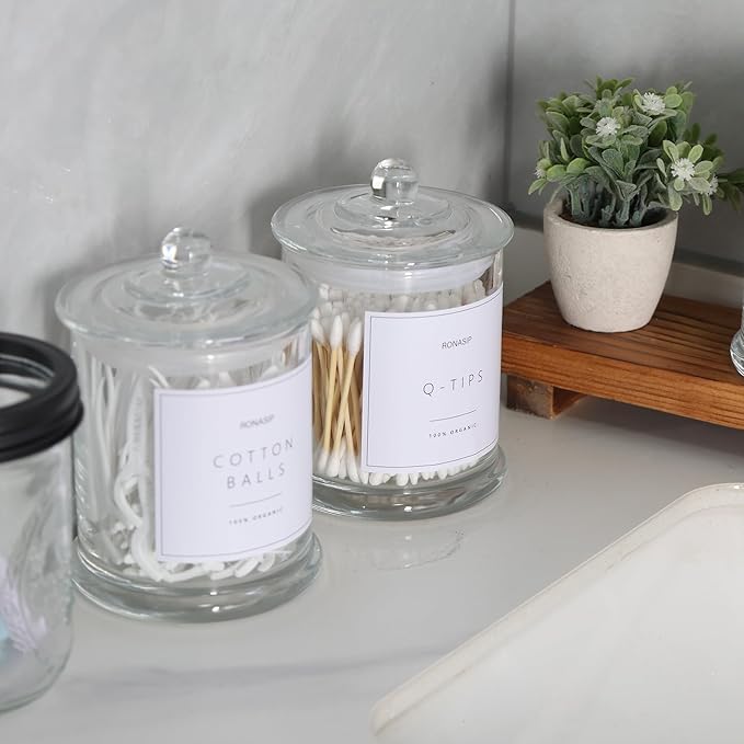 Qtip Holder & Cotton Pad Dispenser, Bathroom Organizer and Storage Canisters, 16oz Glass Apothecary Jars for Kitchen, Restroom - Home Decor, Room Decor Aesthetic (2 Pack, Transparent)