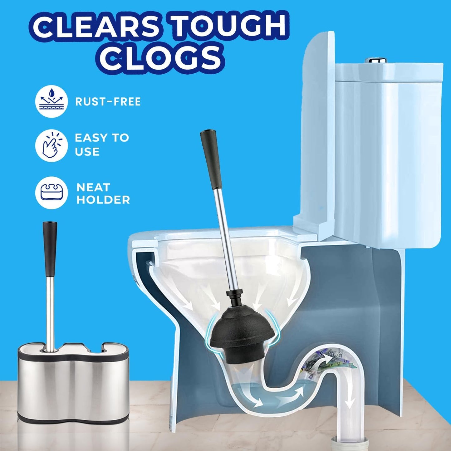 UMIEN Toilet Brush and Plunger Set 18-in - Updated 2025 No-Rust - Stainless Steel Design - Long Handles - with Freestanding Canister