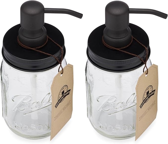 Jarmazing Products Mason Jar Soap Dispenser - Black - with 16 Ounce Ball Mason Jar - Made from Rust Proof Stainless Steel - Two Pack