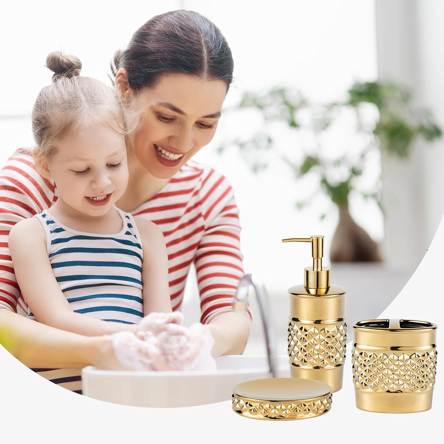 3-Piece Gold Ceramic Bathroom Accessories Set - Luxurious Soap Dispenser, Toothbrush Holder & Soap Dish with Modern Geo Embossed Design for Bathroom Accessory Set