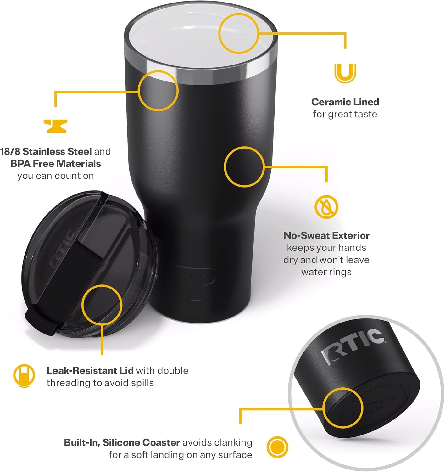 RTIC 40oz Essential Tumbler with Lid, Ceramic Lined, Insulated, Stainless Steel, Metal, Double Wall Vacuum-Insulation, Travel Cup for Iced Coffee, Tea, Hot and Cold Drink, Black