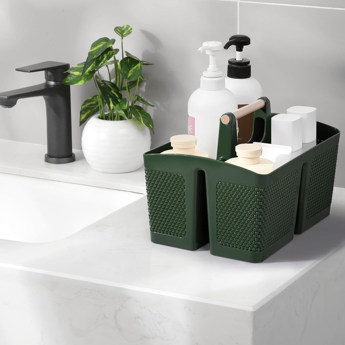rejomiik Portable Shower Caddy Basket Plastic Cleaning Caddy Organizer Storage Tote with Handle for Bathroom, College, Dorm Room Essentials, Dark Green