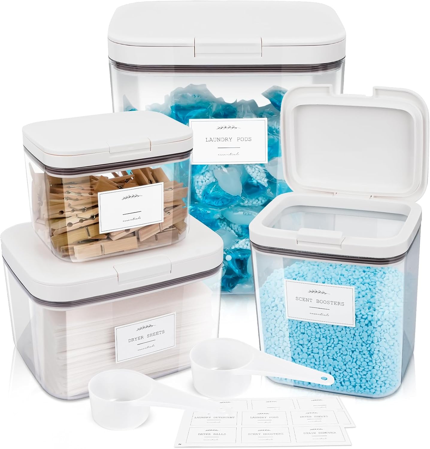 4 Pack Stackable Laundry Pods Container & Dryer Sheet Holder with Pop-Up Lids & Labels, Sealing Laundry Room Organization and Storage Jars for Powder, Scent Bead, Dryer Balls