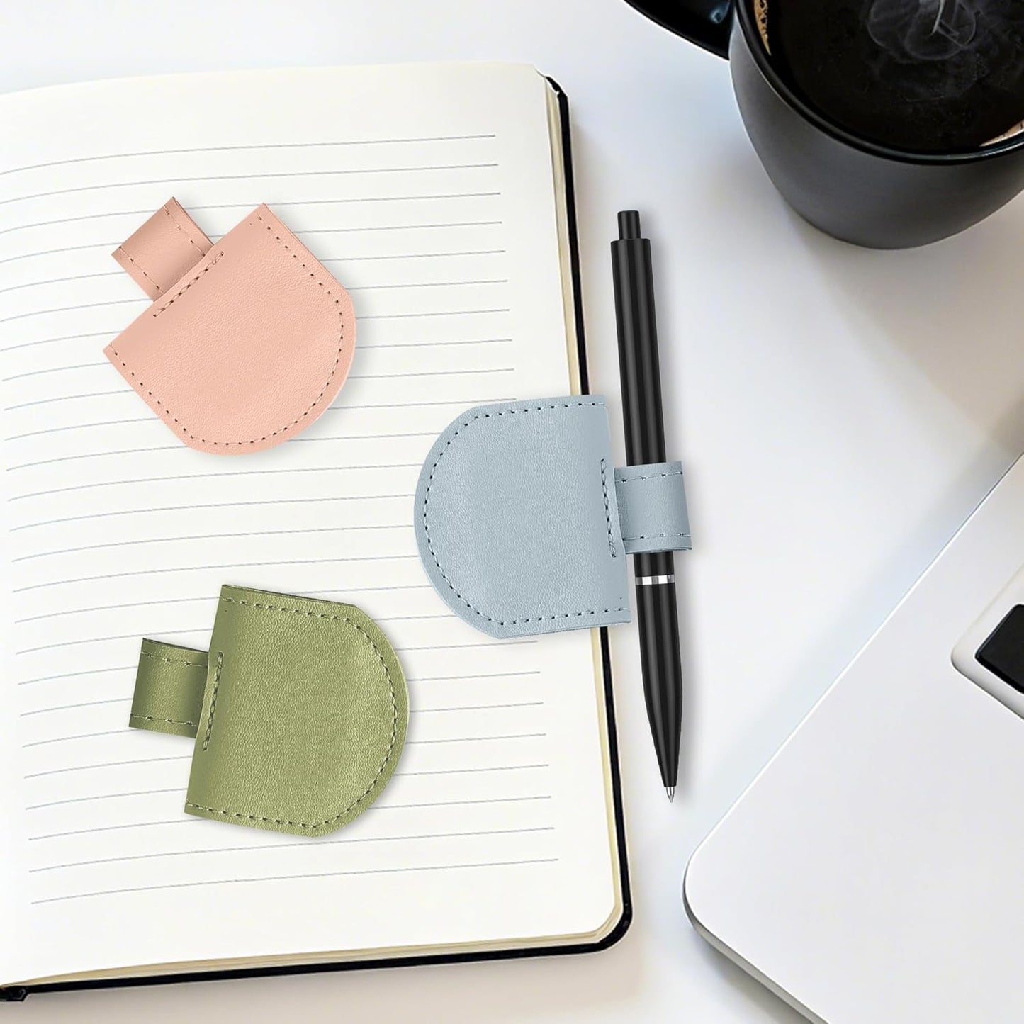 Magnetic Pen Loop Holder, Pencil Holder for Notebooks, Journals, Calendars, PU Leather 3 Pack