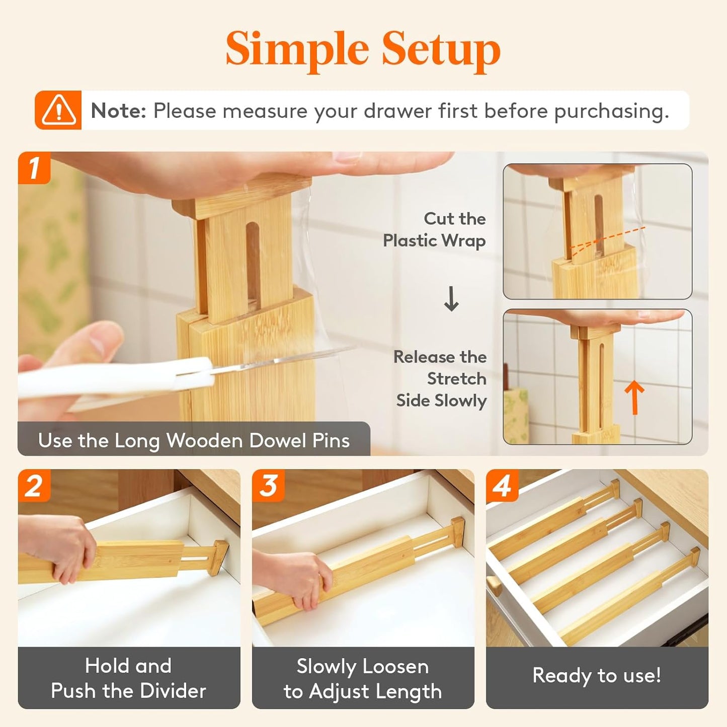 Lifewit 4 Pack Bamboo Drawer Dividers 2.4" High, 13-16.5" Kitchen Drawer Organizers, Adjustable Wooden Drawer Dividers for Clothes, Expandable Drawer Separators for Dresser, Bedroom, Bathroom, Cabinet