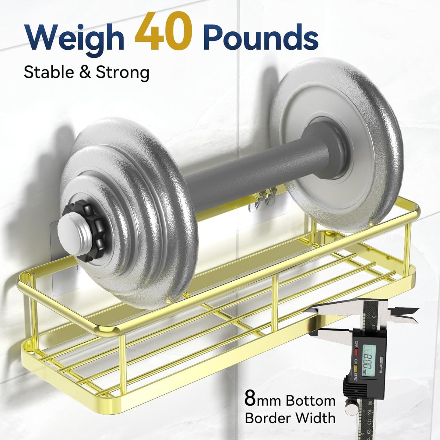 YASONIC Shower Caddy Adhesive, No Drill Bathroom Shower Organizers, with Removable Hooks, Rust Proof Shower Shelves, Wall-Mounted Shower Holder, 2 Pack Gold