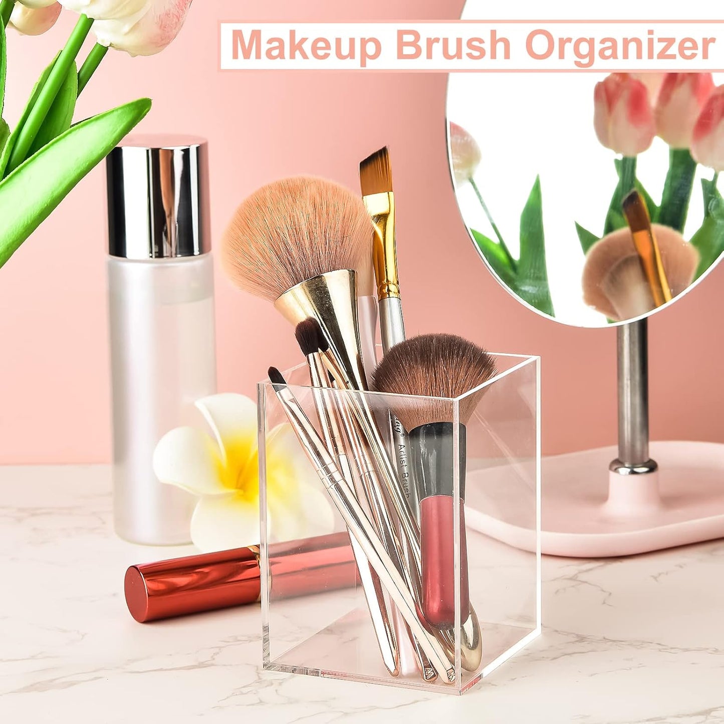 2 Pieces Clear Acrylic Pen Holder & Pencil Cup Clear Makeup Bush Holder Acrylic Desktop Stationery Organizer for Office School Home Desk Accessories - 2 Pack, Square