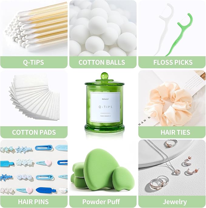 3 Pack Qtip Holder Dispenser, 16oz Bathroom Organizer and Storage Canisters, Glass Apothecary Jars with Lid - Home Decor, Room Decor Aesthetic (Green)