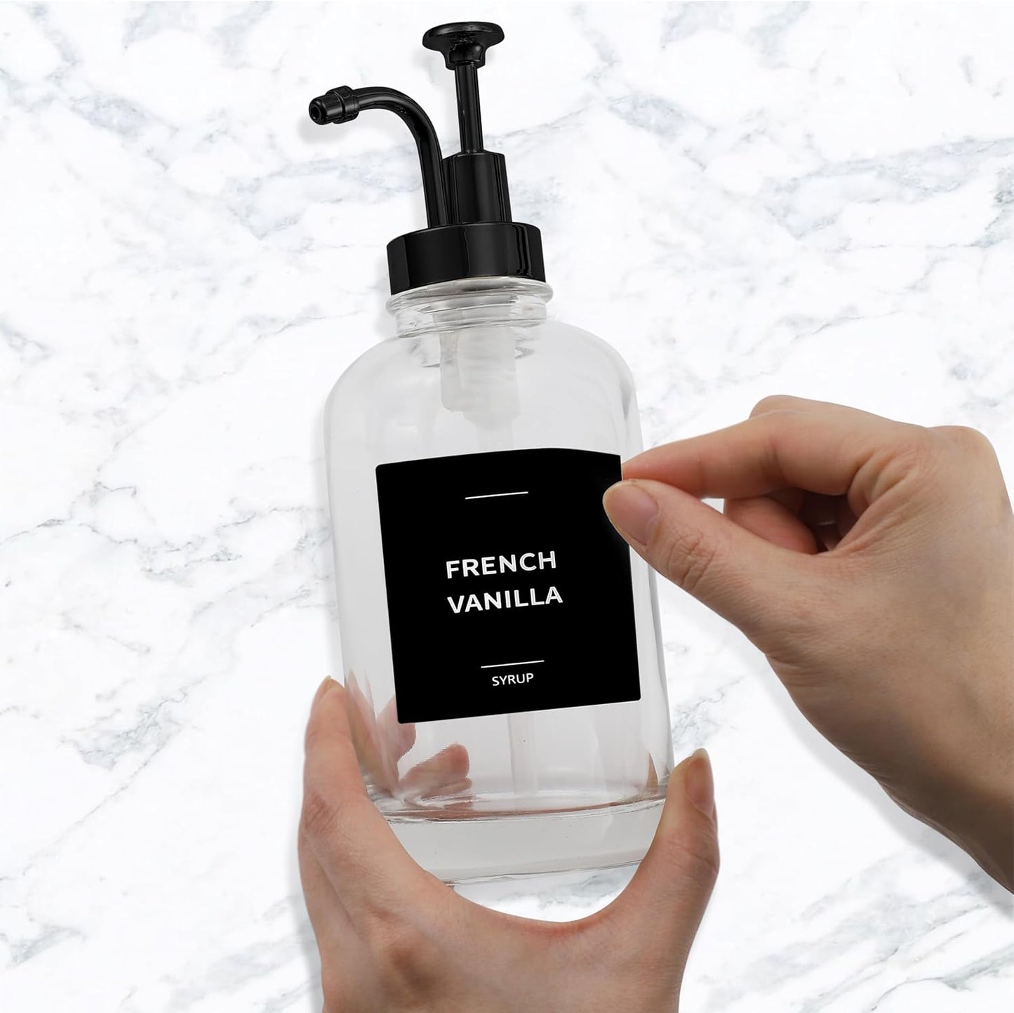 Coffee Syrup Dispenser with Pump - Includes 24 Flavor Labels - Glass Syrup Dispenser for Coffee Bar - Elevate your Beverage Station with 16.9 fl oz Flavoring Container Bottles, 4pcs, Black