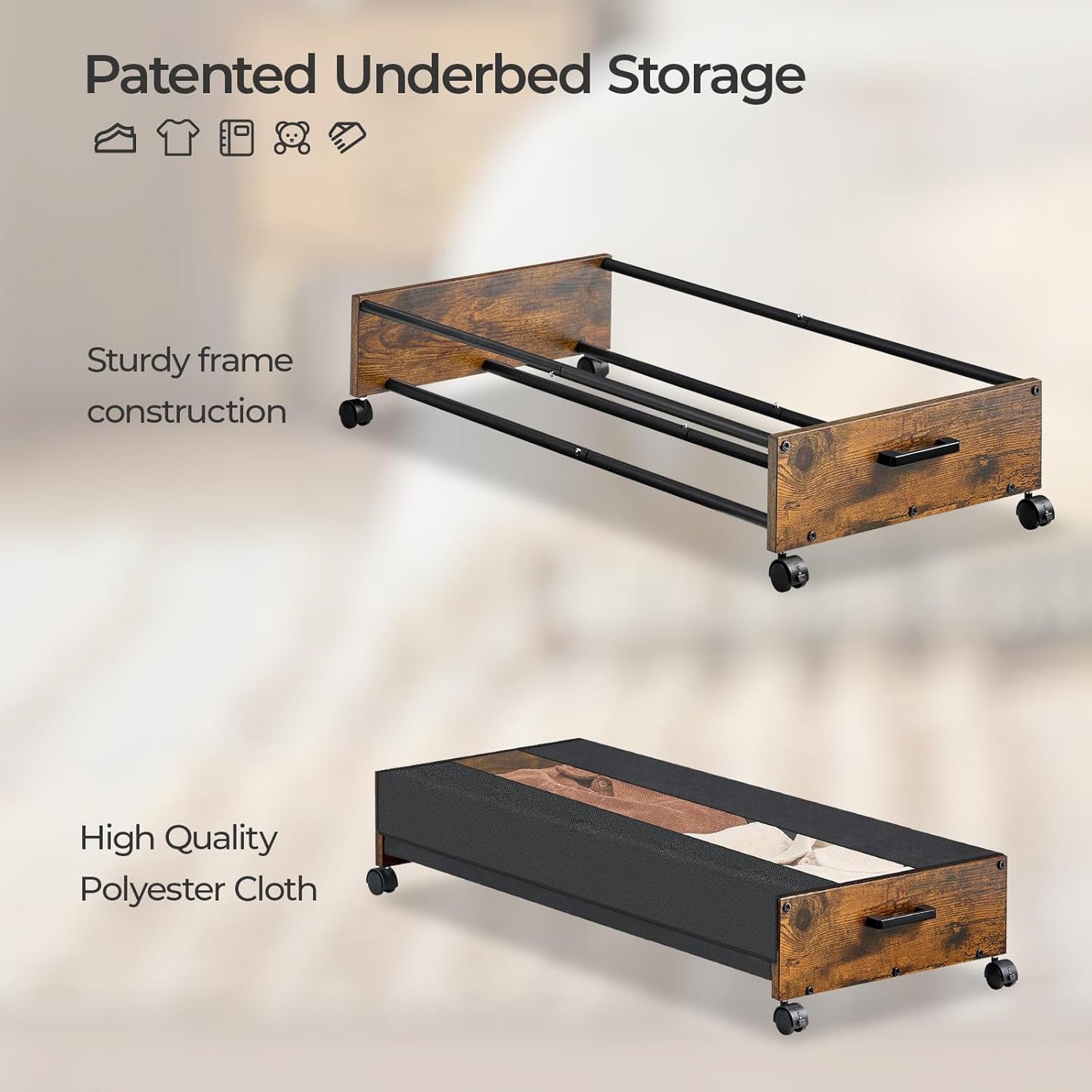Under Bed Storage with Wheels, Under Bed Storage Containers, UnderBed Drawers with Metal Frame, for Clothes Shoes Blanket