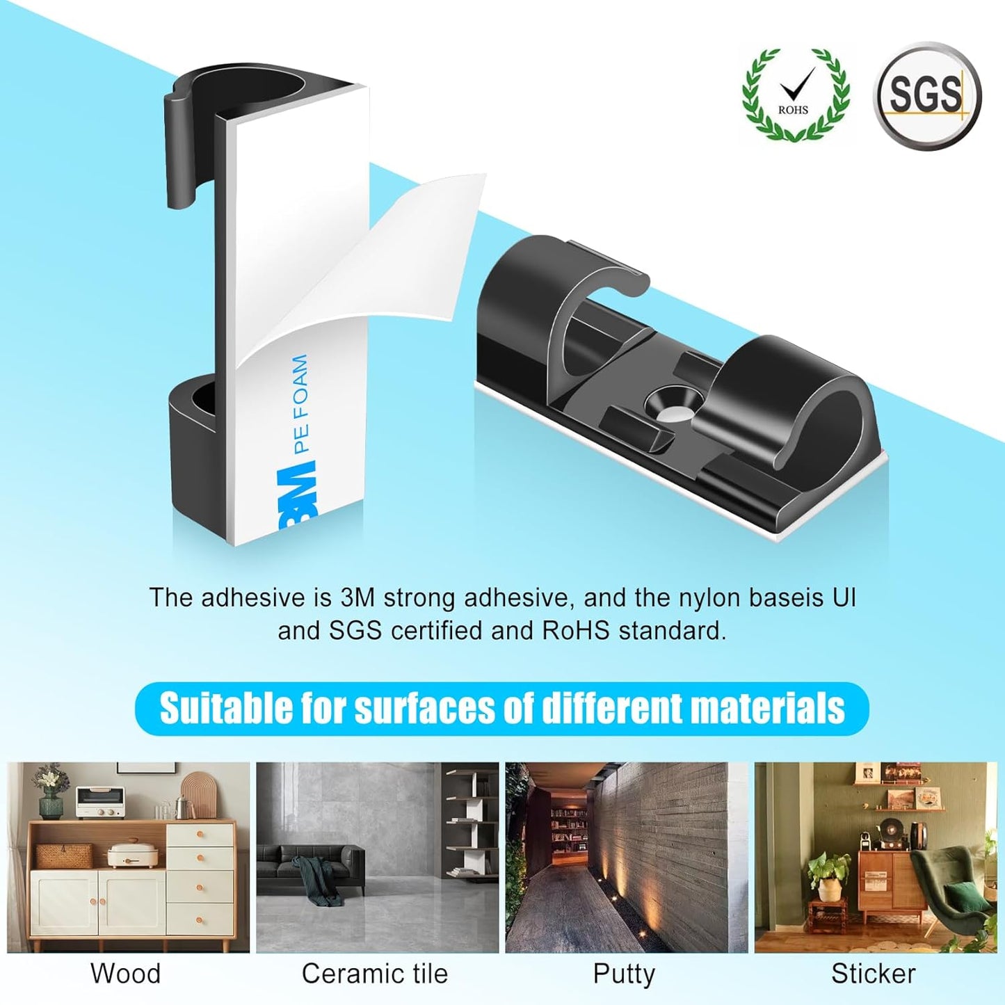 XHF 50pcs Medium Self Adhesive Cable Clips Black,Wire Clips Cable Management Wire Organizer Cord Holder for Under Desk, Car, Wall, TV PC Ethernet Cable