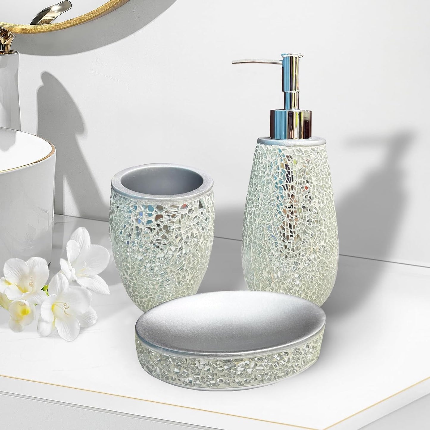 Exquisite Silver Glass Sequins Resin Bathroom Accessory Set,4 Pcs - Soap Dish,Lotion Dispenser,Toothbrush Cup,Toilet Brush & Holder,Modern Luxury Bathroom Set