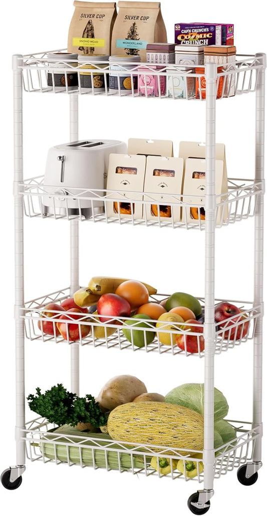 SINGAYE 4 Tier Basket Shelf Wire Shelving Unit Adjustable Storage Shelves Big Basket Rack for Garage Kitchen Office Pantry Corner 17" Dx12 Wx50 H White
