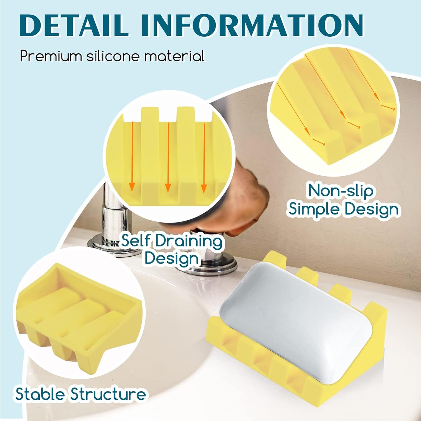 Silicone Soap Dish for Bar Soap Holder for Shower Bathroom Self Draining Waterfall Drying Tray Keep Soap Bars Dry Clean & Easy Cleaning (Yellow, 2)