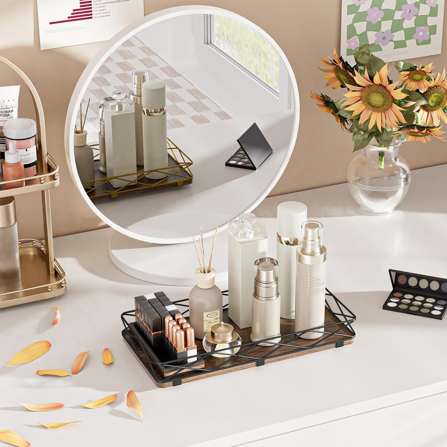 Toilet Paper Basket Holder, 13" Bathroom Tray Countertop, Wood and Metal Toilet Tank Tray Bathroom Vanity Organizer for Toiletry, Kitchen Sink Organizer for Soap Dispenser (Brown+Black)