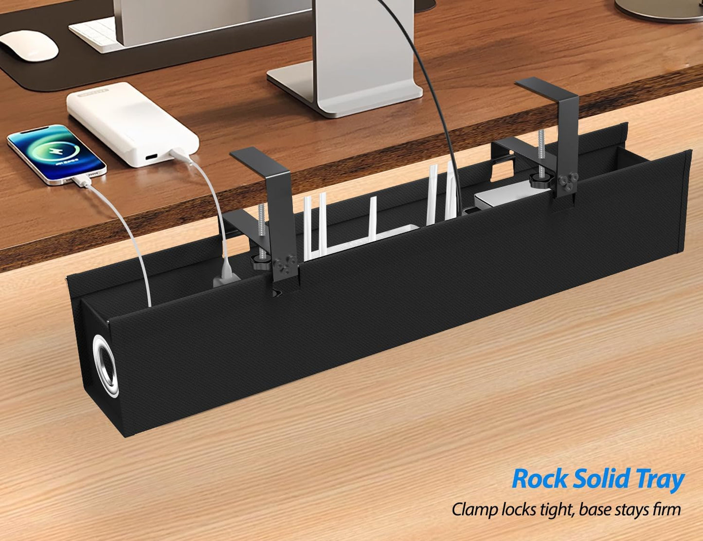Under Desk Cable Management Tray No Drill, 30 Inch Cord Organizer with Oxford Fabric, Clamp Mount, Holds 30 lbs, Large Cable Rack for Gaming & Home Office Standing Desk