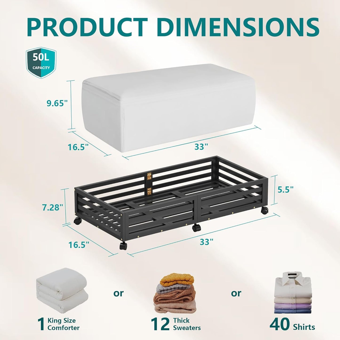 Bamboo Under Bed Storage Containers- Underbed Organizer with Wheels with Large Capacity Dust Bag,Sturdy Wood Rolling Under Bed Shoe Storage Organizer 2 Packs (Black, 2 Packs (33.07"×16.54"))