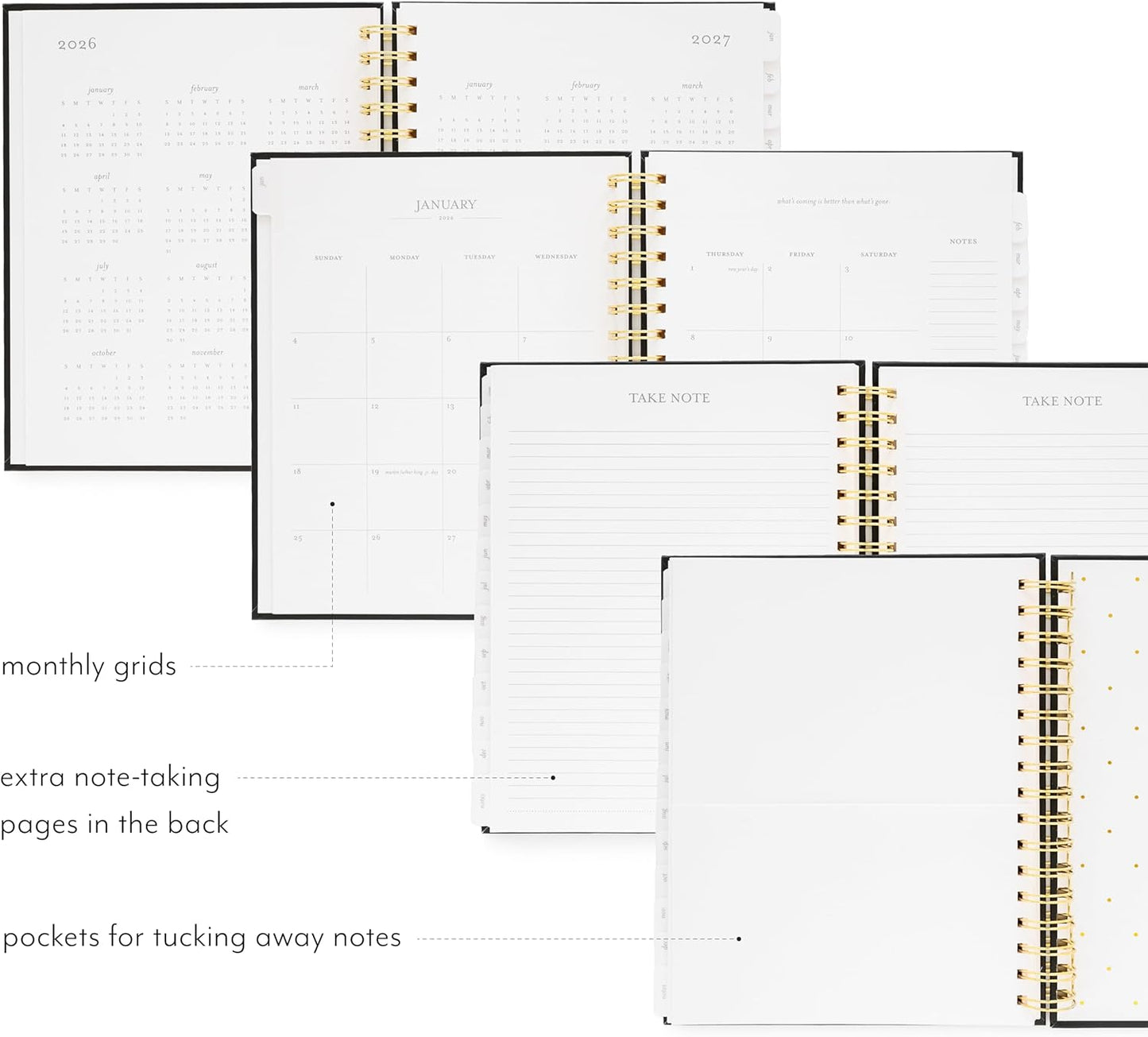 Sugar Paper 2026 Signature Spiral Planner, Weekly and Monthly, January to December, 7.5" x 9.25", Calendar for Women, Matte Paper Hardcover, Spiral Bound, Pocket for Storage,12 Month, Black