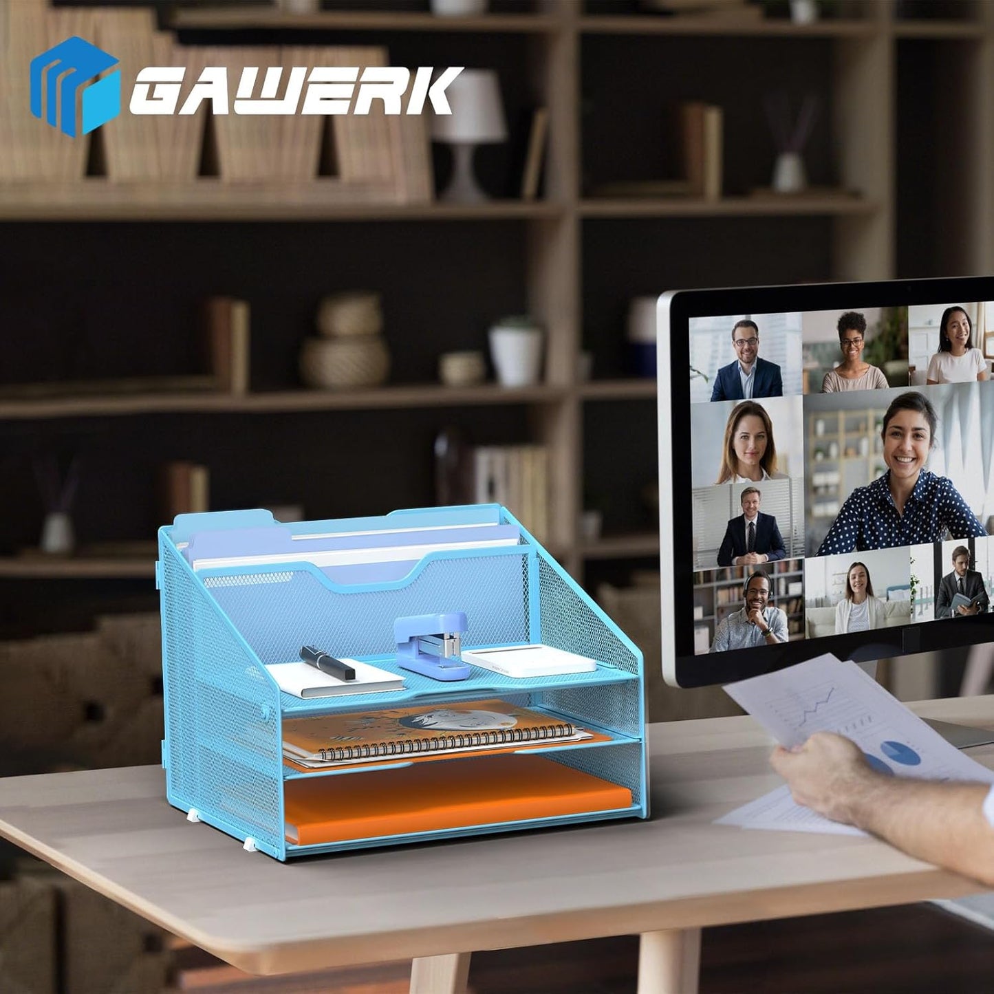 Letter Tray Organizer, Mesh Desk File Organizer with 3 Paper Trays and 2 Vertical Upright Section (Blue)