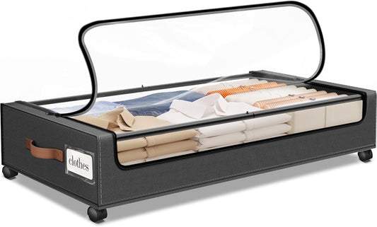 Under Bed Storage with Wheels 1Pack Storage Containers with Clear Window&Label Under Bed Drawers Rolling Under Bed Storage for Clothes,Shoes, Blankets (30.71 x 16.93 x 6.69 in, Dark Grey)