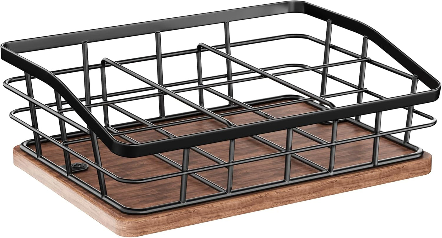 Tea Bag Organizer, Tea Bag Holder Storage with 6 Slots Iron Wire Basket with Wooden Base, Tea Bar Accessories for Countertop Cabinet Drawer, Tea Station for Coffee Capsules Creamer Sweetener Sugar