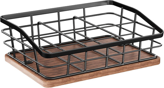 Tea Bag Organizer, Tea Bag Holder Storage with 6 Slots Iron Wire Basket with Wooden Base, Tea Bar Accessories for Countertop Cabinet Drawer, Tea Station for Coffee Capsules Creamer Sweetener Sugar