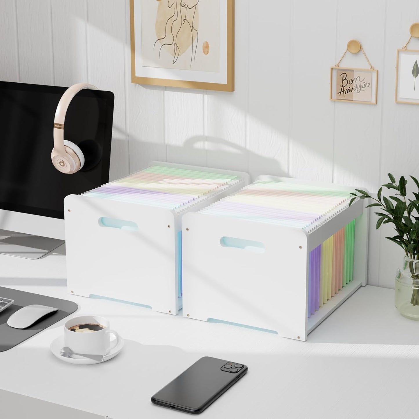 2 Pack Bamboo Hanging File Organizer, Office Desk File Organizer for Letter Size, Wood Hanging File Folders Organizer Record Holder Storage Stand Bookshelf Easy Assembly, White