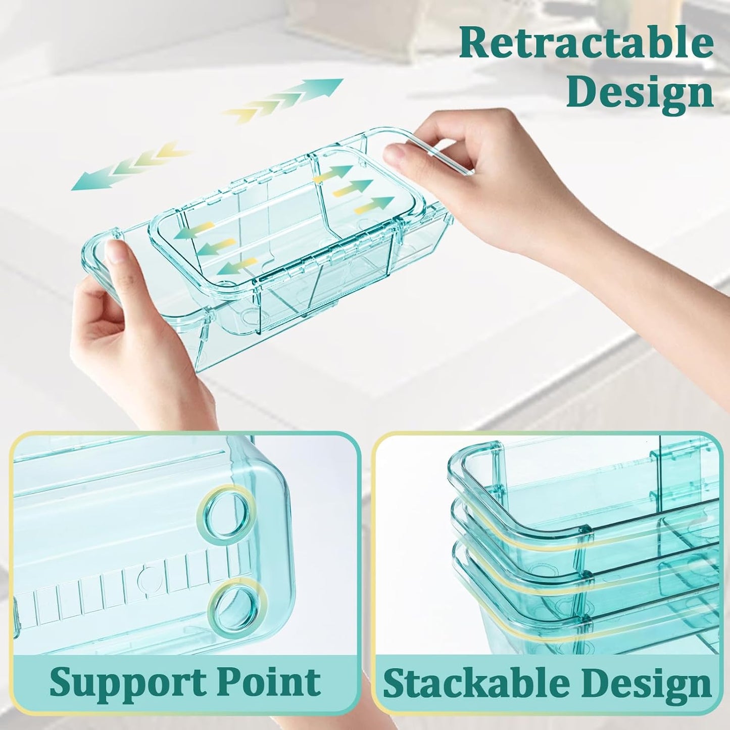 20 Pcs Adjustable Clear Drawer Organizer, Extendable Vanity Storage Bins, Desk Drawer Organizer Set for Makeup, Cosmetics, Bedroom, and Gadgets, Blue