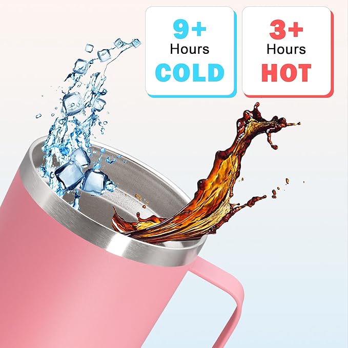 20 oz Tumbler with Handle and Lid, Stainless Steel Tumbler Insulated Travel Coffee Mug, Spill Proof Double Wall Vacuum Tumbler Cup Keep Drink Hot & Cold, Pink, 1 Pack