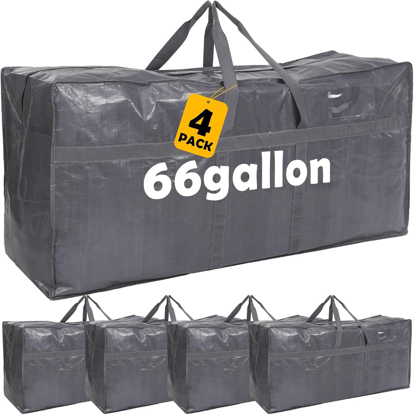 4 Pcs 66 Gallon Large Moving Bags with Zipper and Handles Foldable Storage Duffle Bags Heavy Duty Extra Large Totes for College Dorm Travel Clothes Blankets Bedding Moving (Gray)
