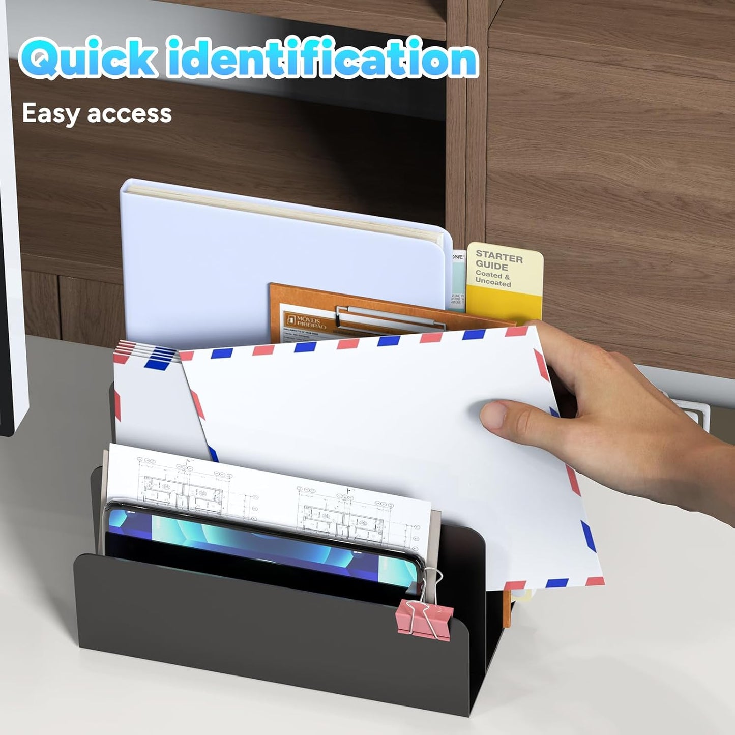 Mail Organizer Countertop, Small Desk File Organizer, Metal File Holder - Essential Workspace Organizers for Office Desk, Home Office (Black)