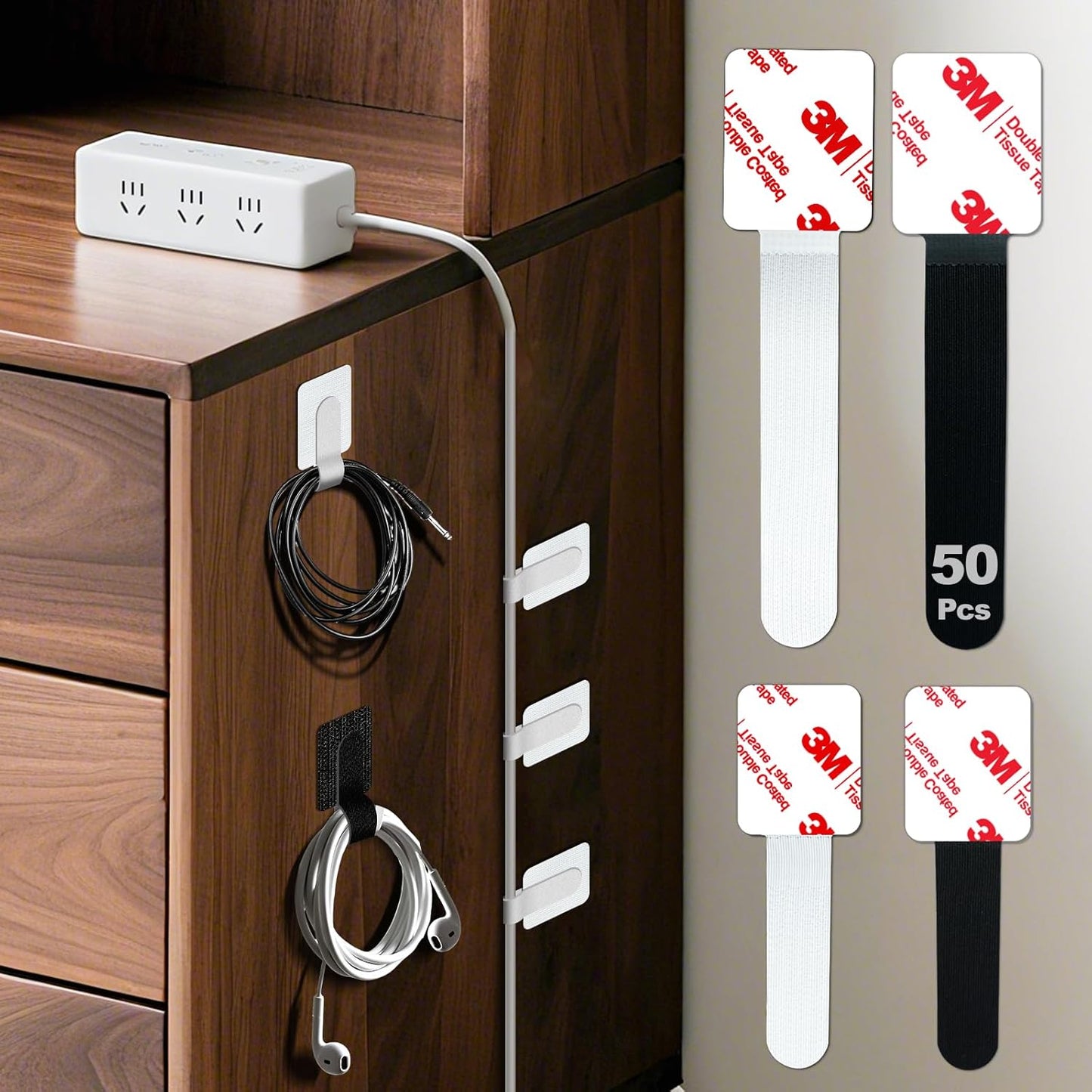 50 Pcs Self Adhesive Cable Tie Reusable Made of 3M, Multi-Purpose Heavy Duty Hook Loop Cable Management Wire Ties for Home,Office,Kitchen,School (5.9" & 3.54", Black & White)