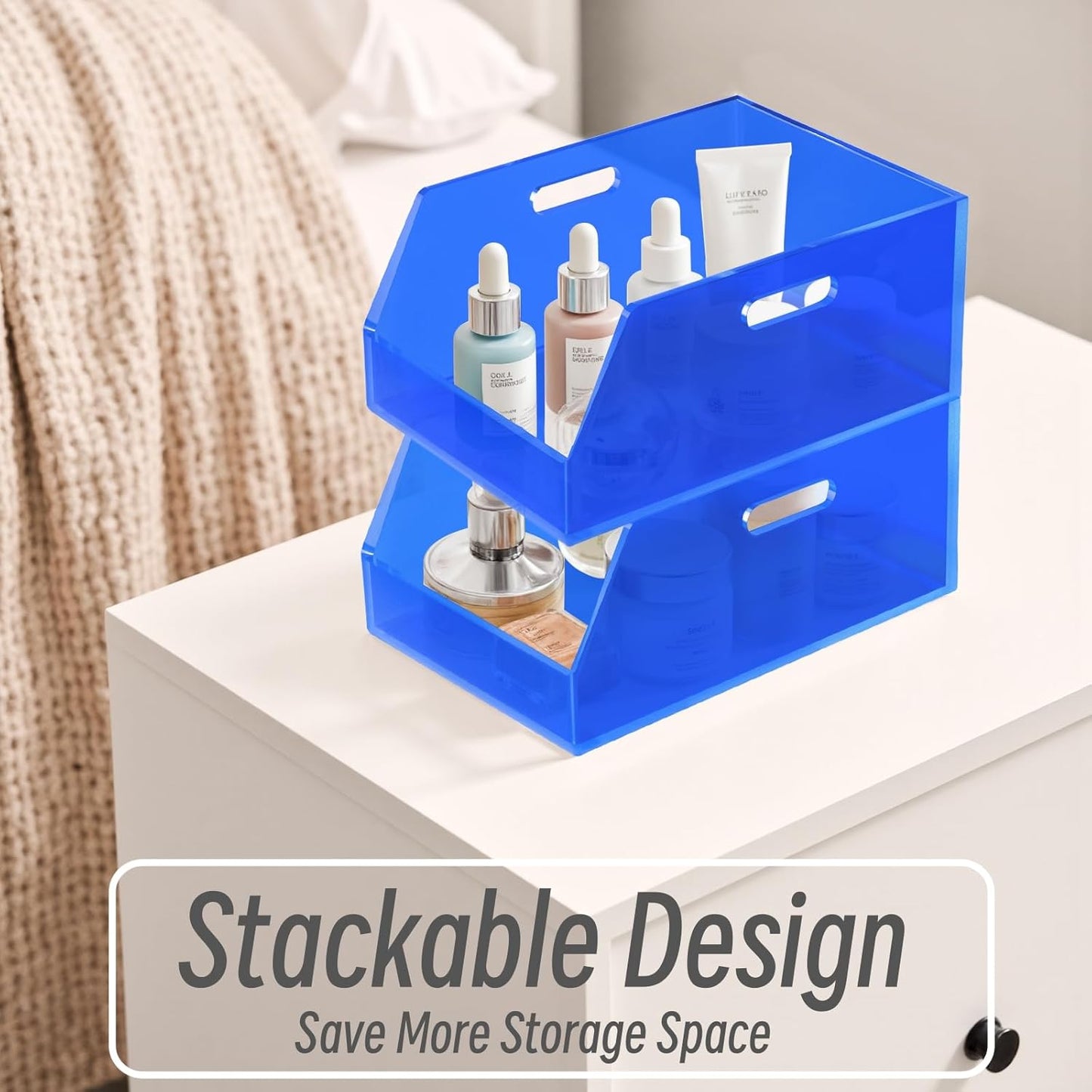 Gelite Stackable Storage Bin Organizer with Handles Acrylic Storage Container for Toy Pantry Kitchen Cabinet Bathroom Closet Office Organization, 11.4x7.5x5.1'', Navy Blue