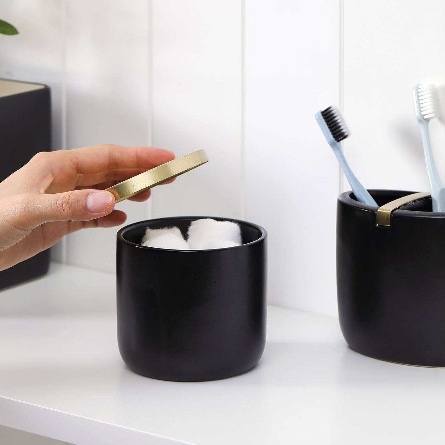 Bathroom Accessories Set, 5-Piece Ceramic Bath Accessory Complete Set with Lotion Dispenser/Soap Pump, Cotton Jar, Vanity Tray, Tumbler and Toothbrush Holder (Black and Gold)