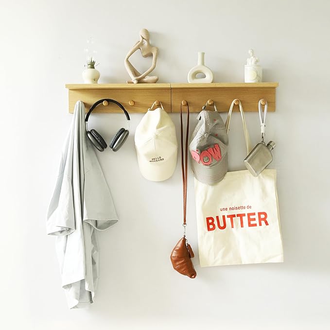 Wall Mount Coat Rack with Shelf, Sturdy Wooden Floating Shelf withHooks Save Your Indoor Space, Wall Organizer siutable for Entryway, Mudroom,Kitchen, Bathroom, etc(Oak Finish)