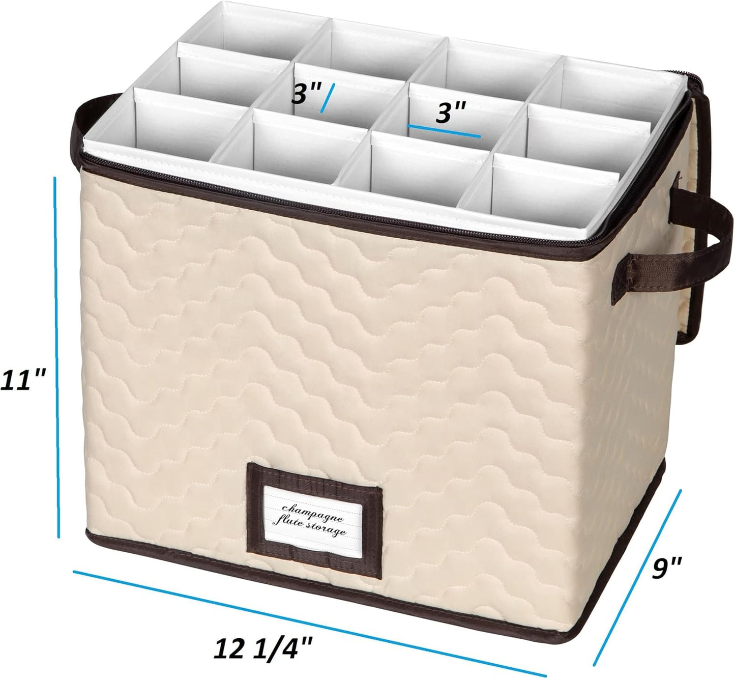 Wine Glass Storage Box with Dividers - Stemware Storage Case, Durable Quilted Microfiber Bin with Carry Handles, Protects Fine China - Durable Quilted Microfiber Bin with Carry Handles (1 Pack, Champagne Flute)