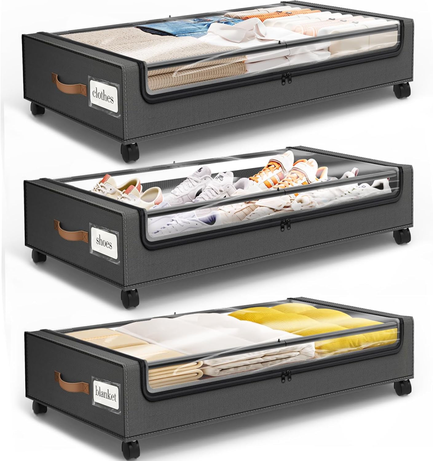Under Bed Storage with Wheels 3Pack Storage Containers with Clear Window&Label Under Bed Drawers Rolling Under Bed Storage for Clothes,Shoes, Blankets (30.71 x 16.93 x 6.69 in, Dark Grey)
