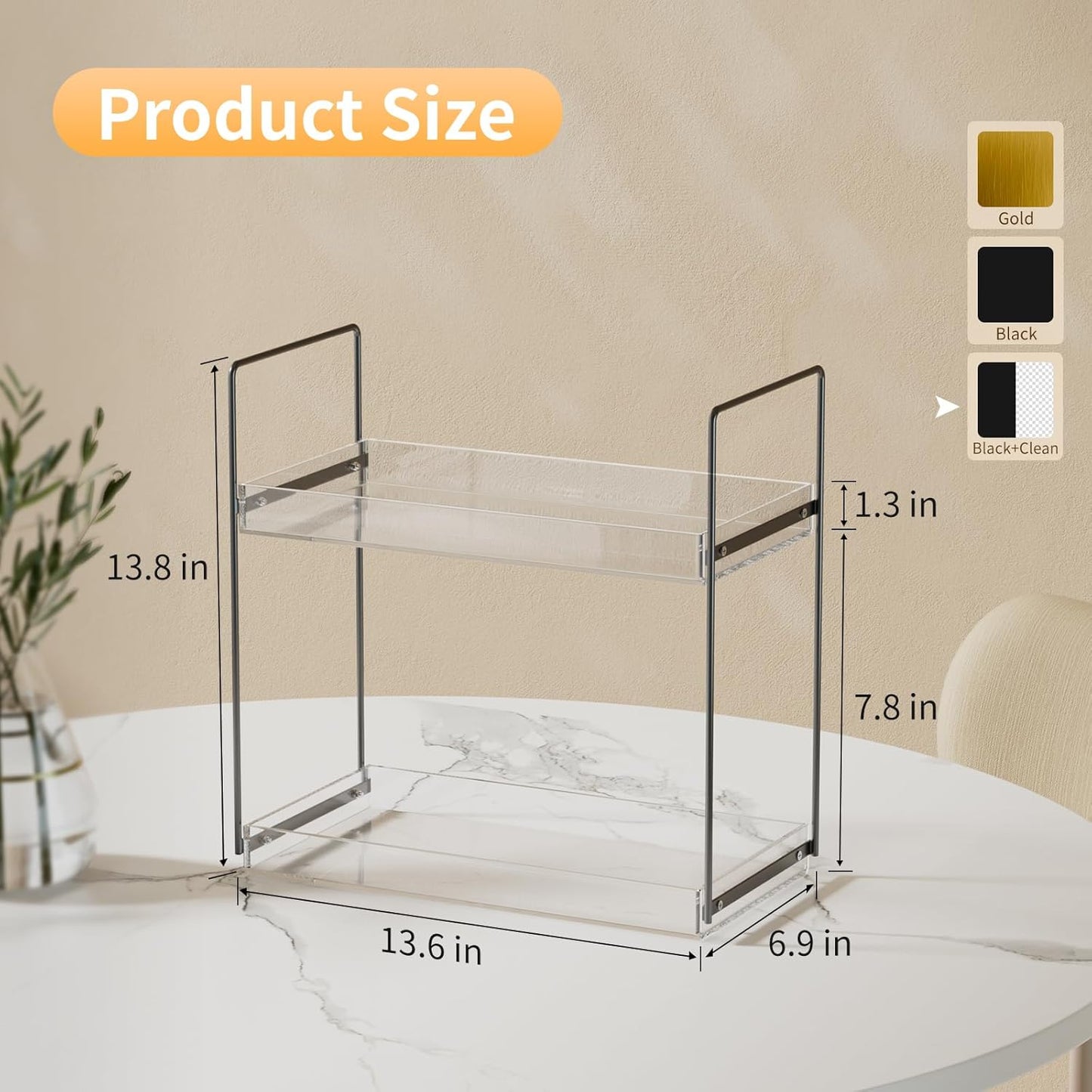 Bathroom Countertop Organizer, 2 Tier Acrylic Tray Vanity Counter Skincare Organizer Shelf, Home Storage Holder for Lotion Makeup Cosmetics Perfume Spice, Black+Clear