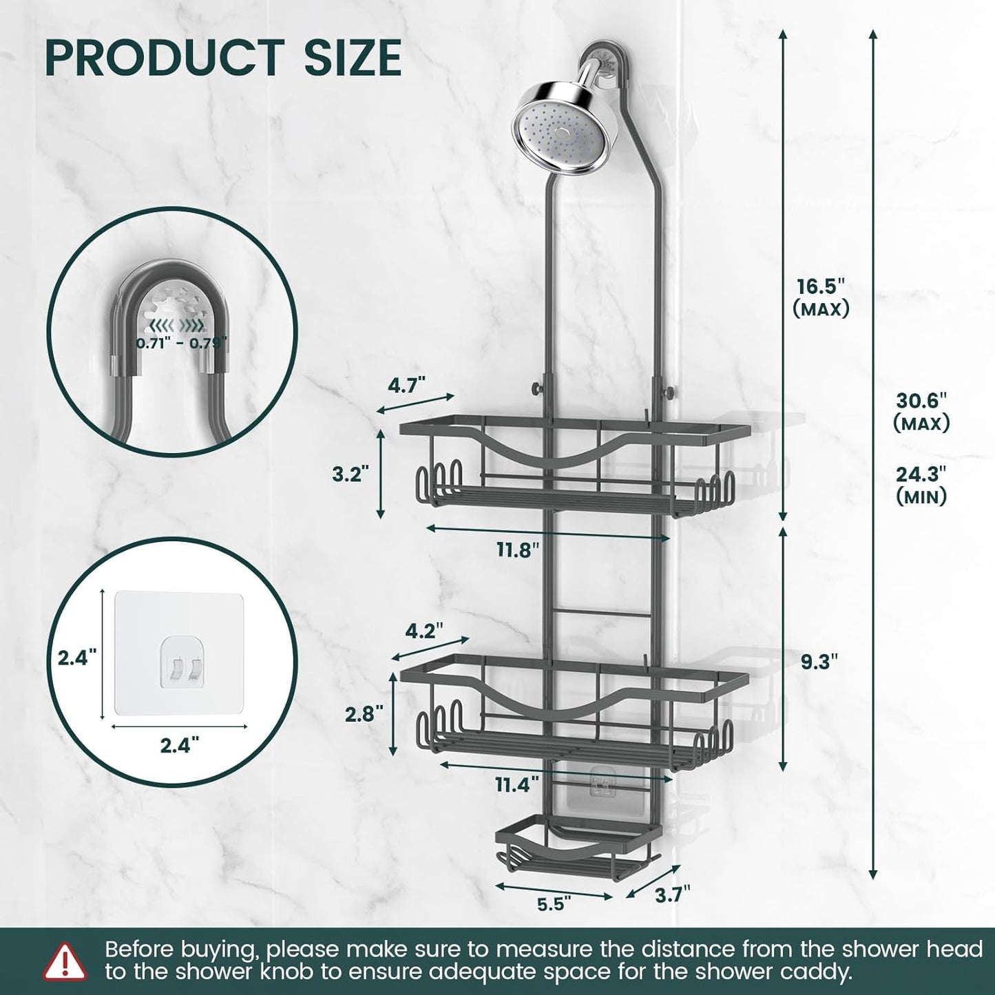 REINHARDT Shower Caddy Hanging Adjustable, Extended Length Rustproof Shower Caddy Over Shower Head with Hooks Soap Holder, Large Capacity Shower Organizer Anti-Swing Bathroom Organizer, Grey