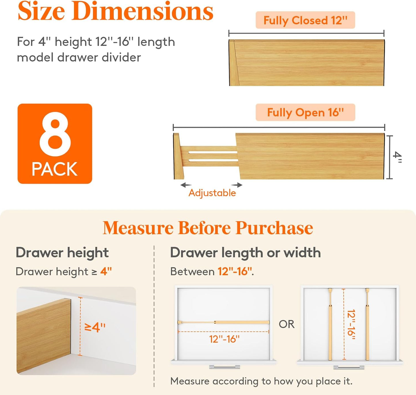 Lifewit 8 Pack 4" High Bamboo Drawer Dividers, 12-16" Adjustable Drawer Organizers for Clothes, Wood Dresser Drawer Divider, Expandable Deep Drawer Separators for Dresser, Kitchen, Bedroom, Bathroom