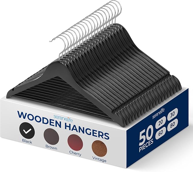 SereneLife 50-Pack Wooden Coat Hangers – Durable Suit Hangers with 360° Swivel Hook & Notches – Slim Design for Shirts, Jackets, Dresses, and More