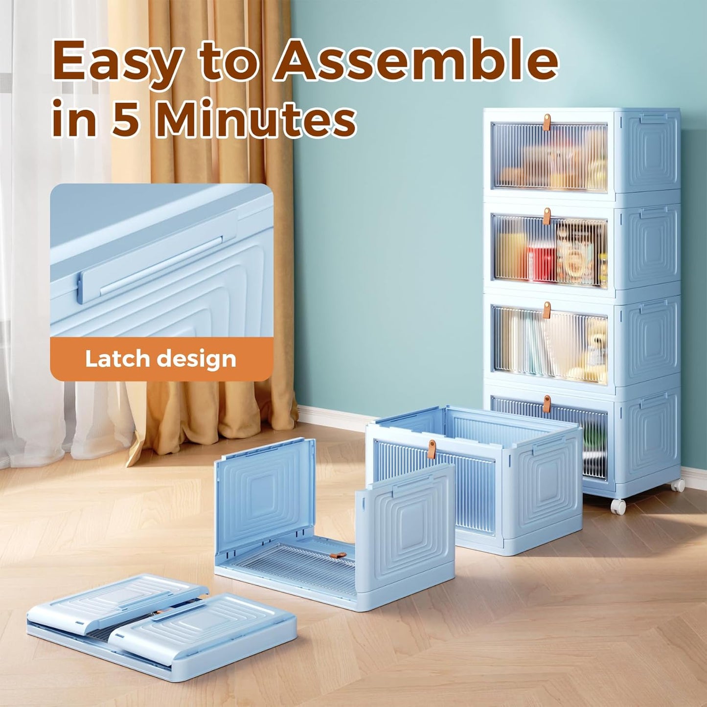 4 Tier Stackable Plastic Storage Bins with Lid and Wheels - 23 QT Closet Organizers and Storage, Foldable Storage Containers, Organization and Storage Boxes for Craft, Home, Pantry, Dorm, Blue