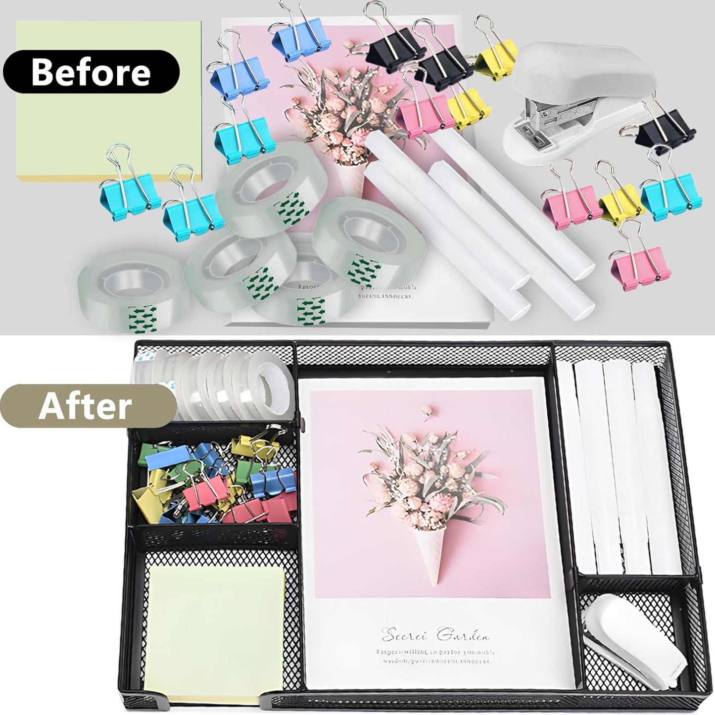 Black Office Desk Accessories, Black Office Supplies Set, Desk Drawer Organizer,Stapler and Tape Dispenser Set,Tape,Staple Remover, Staples, Paper Clips, Scissor and Sticky Note