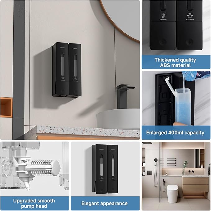 1984 Shampoo and Conditioner Dispenser Wall Mount Shower Dispenser 2 Chamber No Drill Bathroom Set Shampoo Dispenser for Shower Wall Home Hotel 400ml x 2 Black