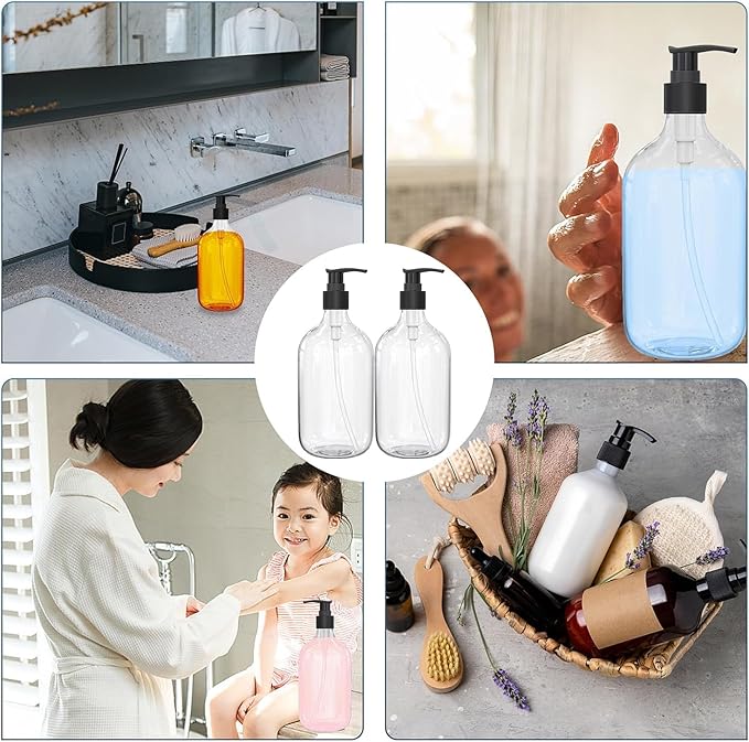 10 Ounce Clear Plastic Pump Bottle Dispenser, Refillable Empty Bottle Container with Pump for Essential Oil Soap Lotion Shampoo, 2 Pcs