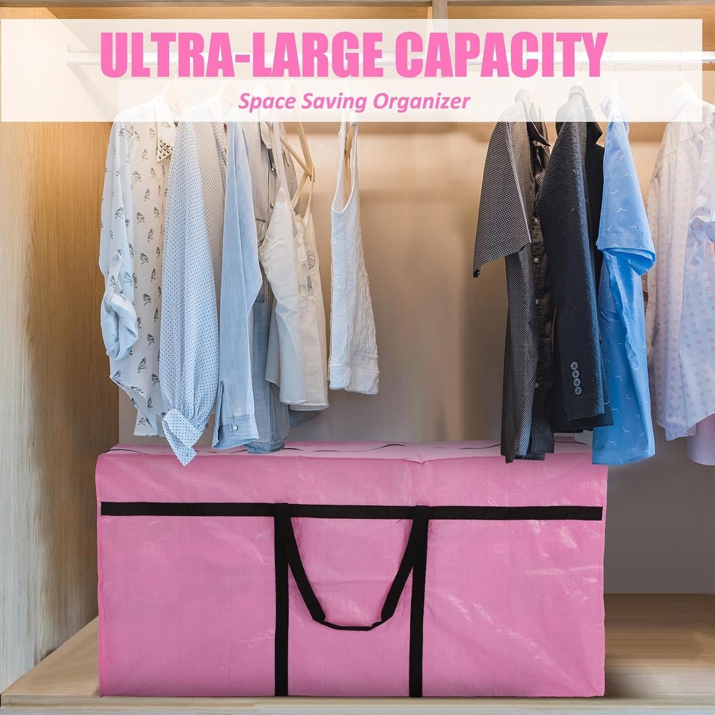 4 Pcs 96 Gallon Large Moving Bags with Zipper and Handles Foldable Storage Duffle Bags Heavy Duty Extra Large Totes for College Dorm Travel Clothes Blankets Bedding Moving (Pink)
