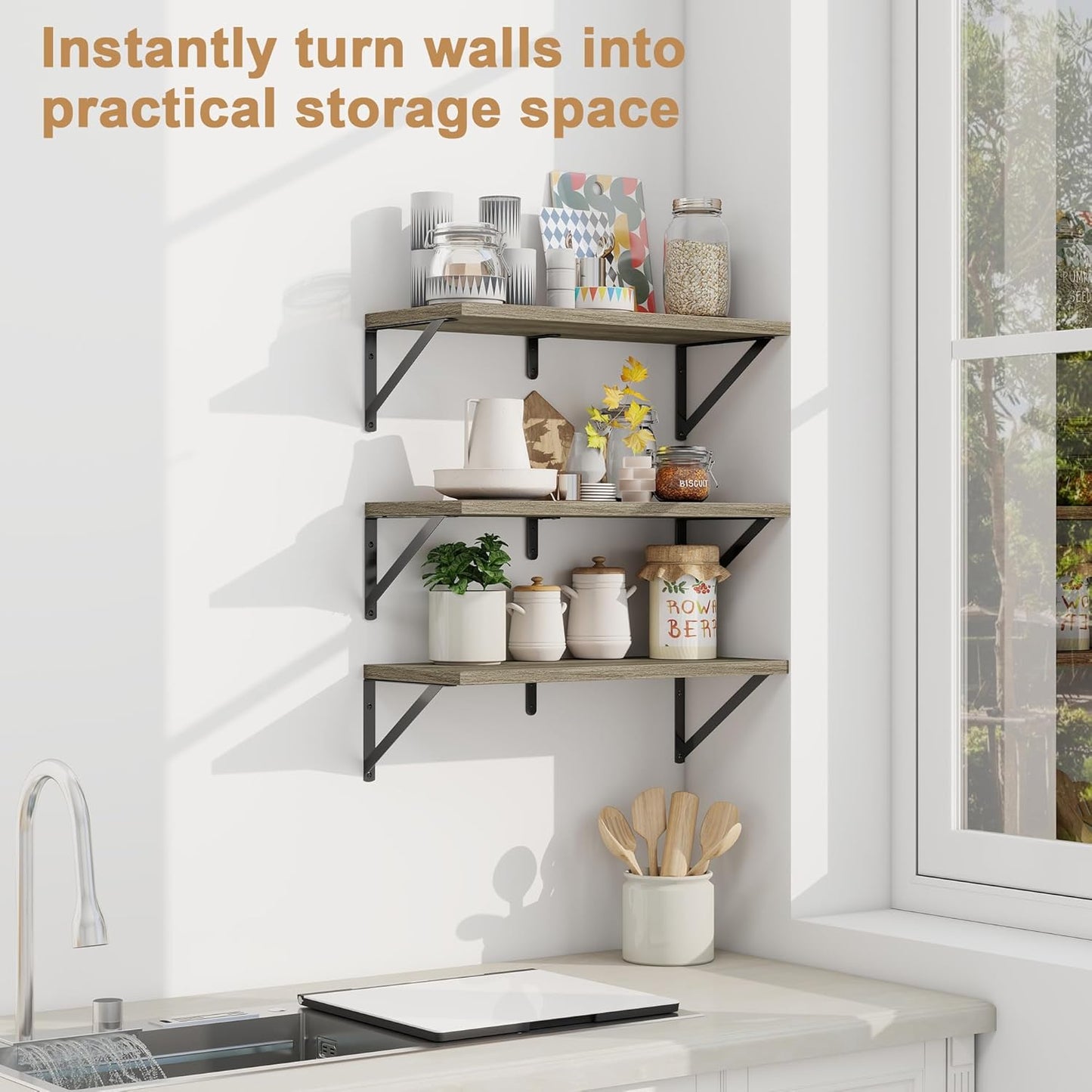 Fun Memories Floating Bookshelves, Set of 3 Wall-Mounted Wood Shelves 24" W x 8" D, Decorative Wall Shelf for Living Room, Bedroom, Bathroom, and Laundry Room (Grey)