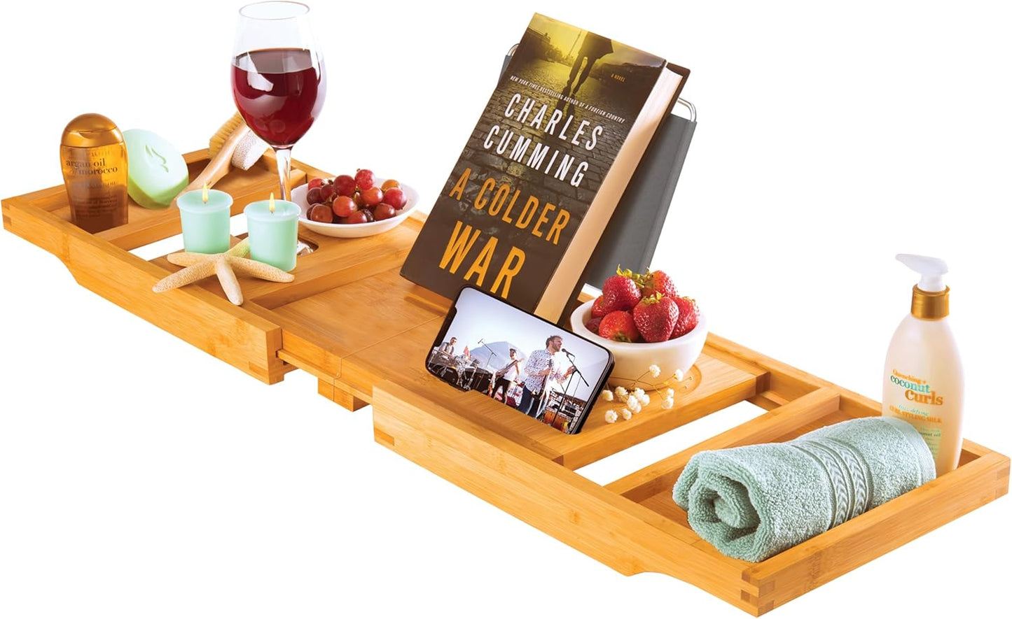 Bathtub Tray - Expandable Bamboo Bath Tray for Tub with Wine Glass Holder, Book & Tablet Stand - Wooden Bathtub Caddy Tray Table for Bathroom Accessories, Spa Relaxation, Housewarming & Wedding Gift