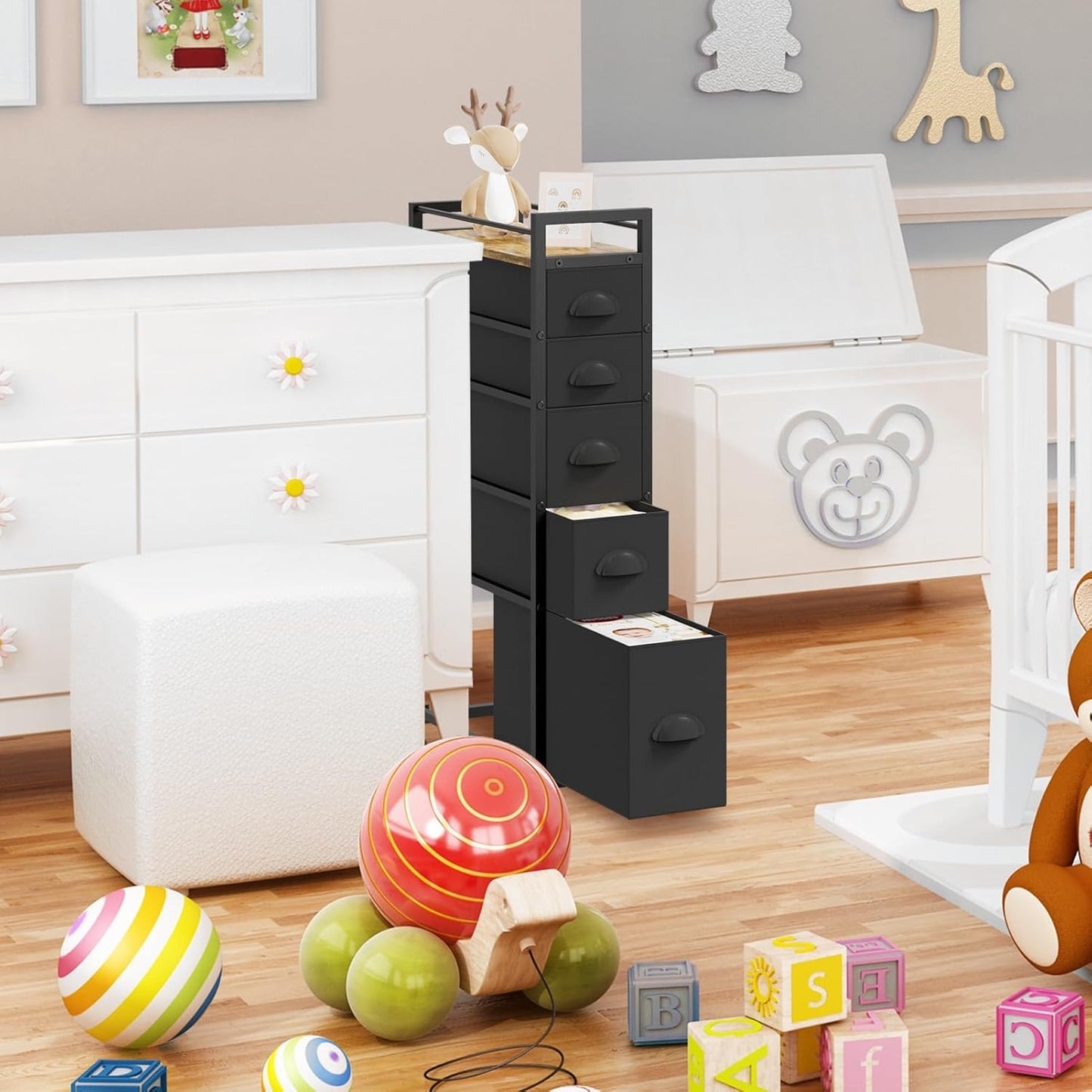 LASZOLA 5 Drawer Narrow Dresser Slim Cabinet Skinny Storage Tower Chest, Ideal for Small Spaces Bathroom Bedroom, Between Washer and Dryer, Lightweight Mobile on Wheels, Sturdy Fabric Drawers, Black