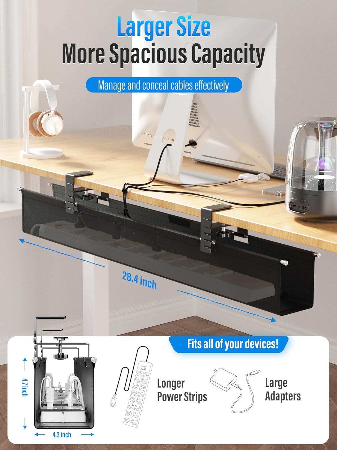 [Upgraded] Large Under Desk Cable Management Tray, Cinati Cable Management Under Desk No Drill, 28.4" Fabric Cord Hider for Wire Organizer, Cord Organizer for Office, Home - Supports Up to 30lbs Black